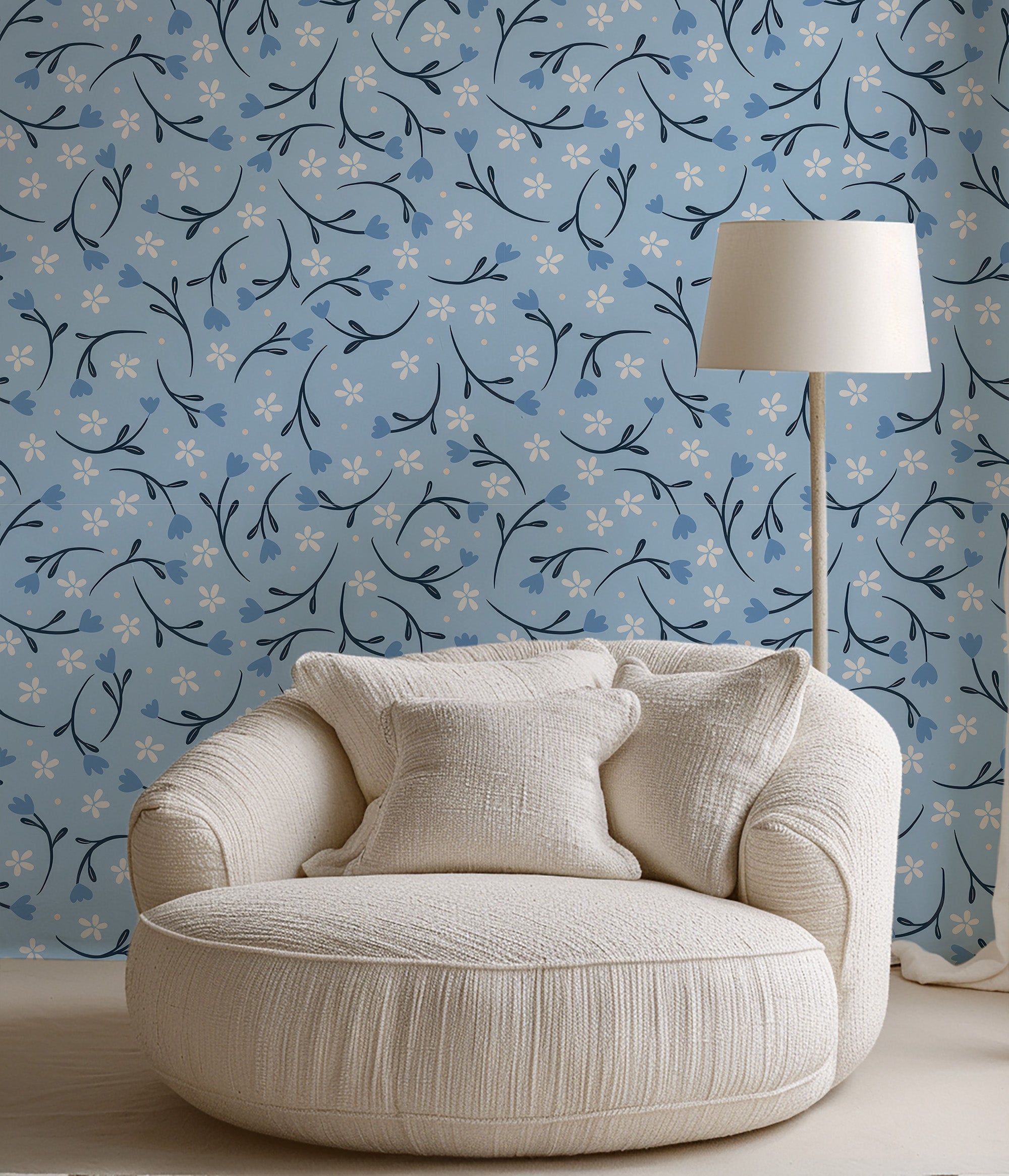 Petite Flowers Blue peel and stick wallpaper room mockup